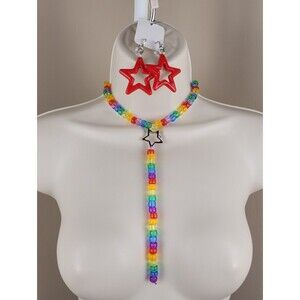 4pc Rainbow convertible choker removable binky cord red star earrings